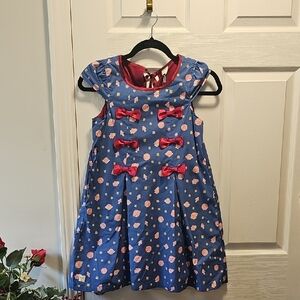 Toddler Girl's Blue Dress w/Bows, Space Theme, Cotton Blend, 1 Yr Old